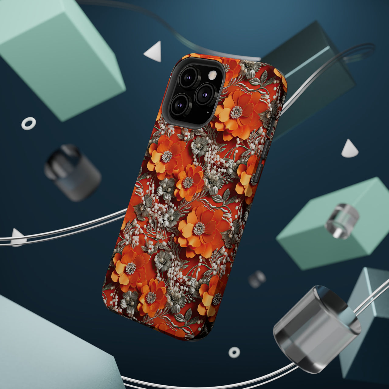 Orange Petals in Silver Tapestry MagSafe Tough Cases for iPhone 13, iPhone 13 Mini, iPhone 13 Pro, and iPhone 13 Pro Max.