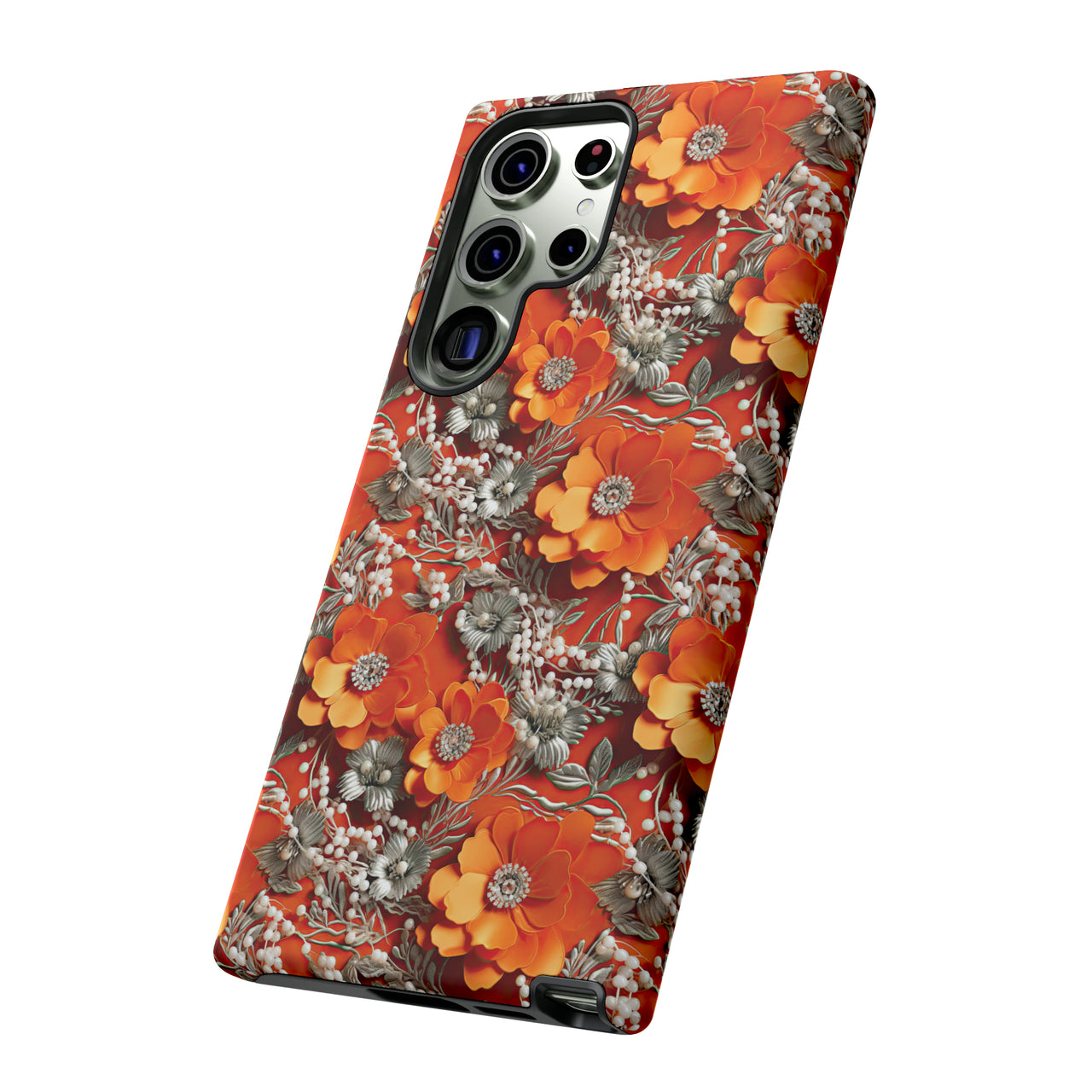 Orange Petals in Silver Tapestry Tough Case for Samsung Galaxy S23, Samsung Galaxy S23 Plus, and Samsung Galaxy S23 Ultra