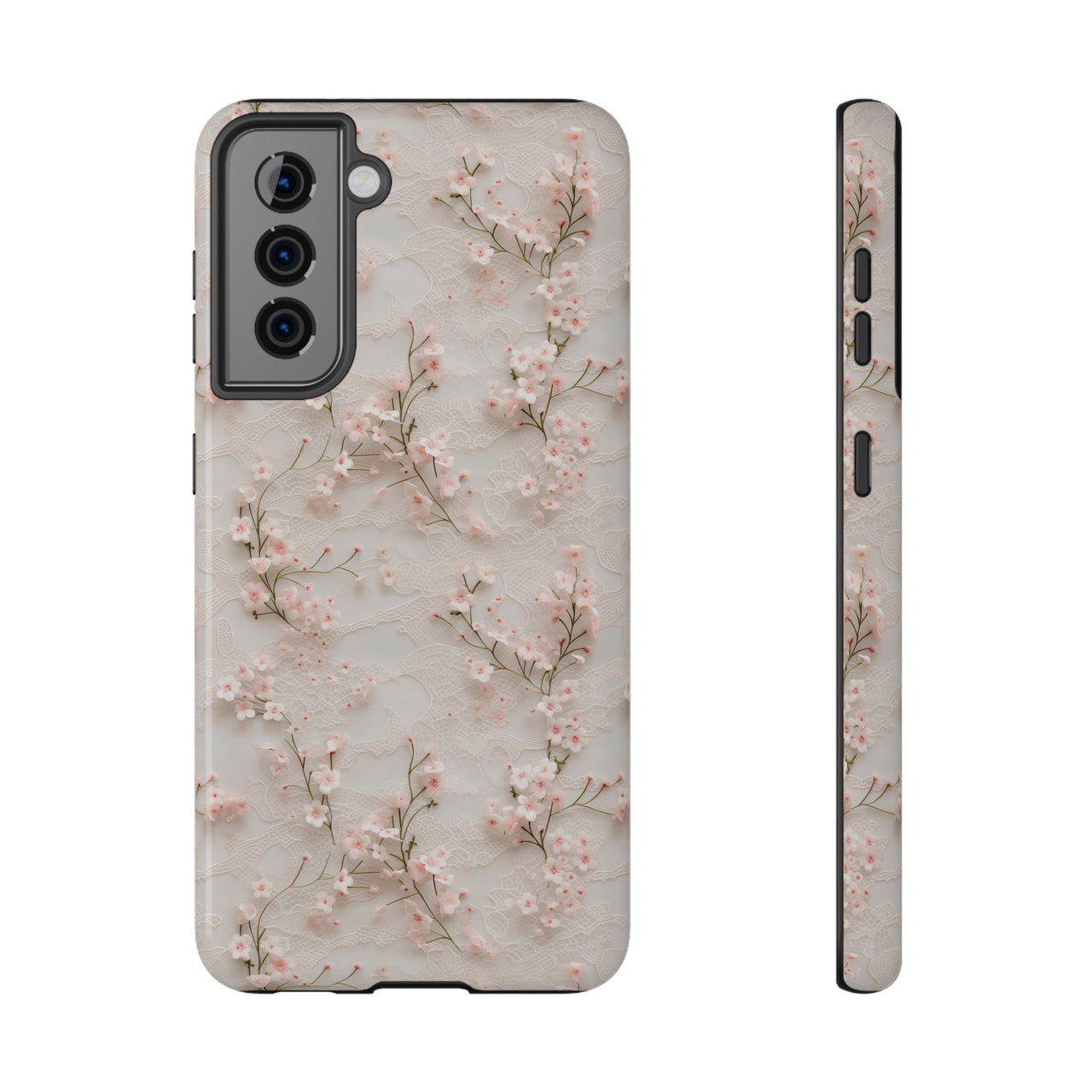 White Lace and Cherry Blossoms Impact-Resistant Cases for Samsung Galaxy S21, Samsung Galaxy S21 Plus, and Samsung Galaxy S21 Ultra. Supports Wireless Charging.