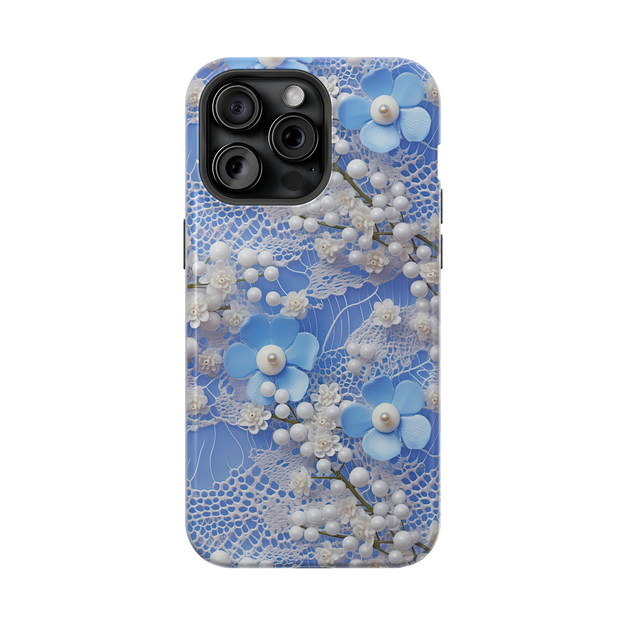 Pearls and Lace on Baby Blue - MagSafe Tough Case for iPhone 15, iPhone 15 Pro, iPhone 15 Plus, & iPhone 15 Pro Max