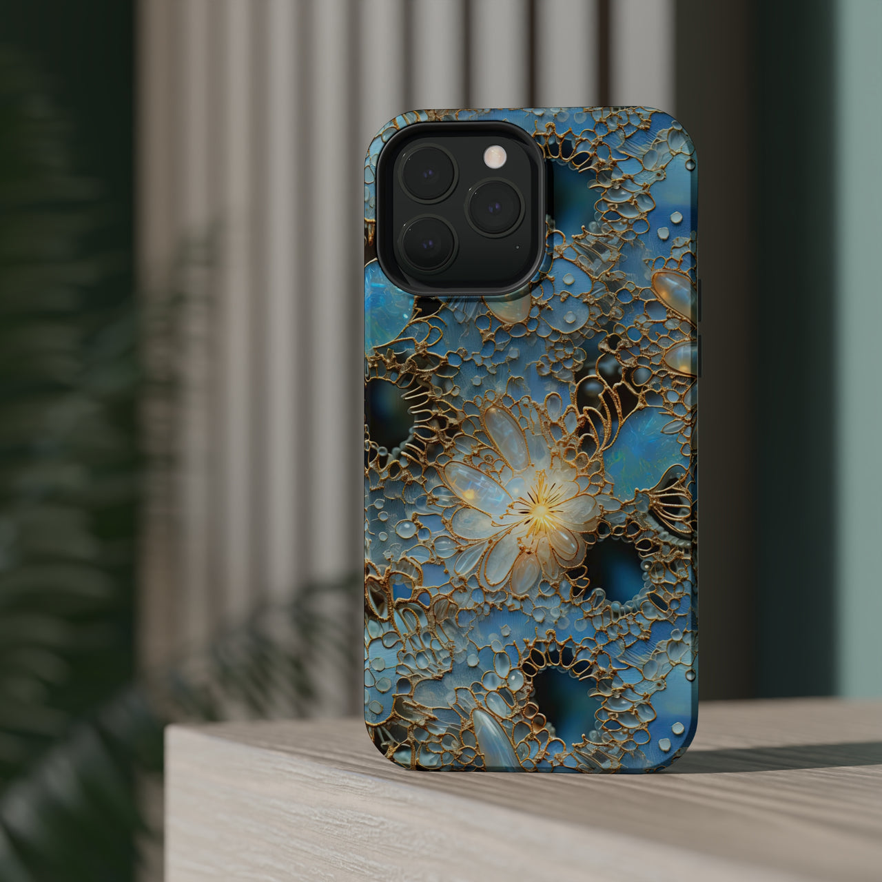 Gemstones and Gold Lace MagSafe Tough Cases for iPhone 13, iPhone 13 Mini, iPhone 13 Pro, and iPhone 13 Pro Max.