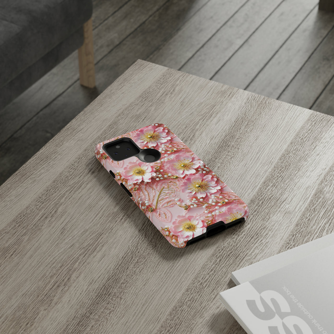 Gold-Kissed Flowers on Pink Lace - Tough Case for Google Pixel 5 5G