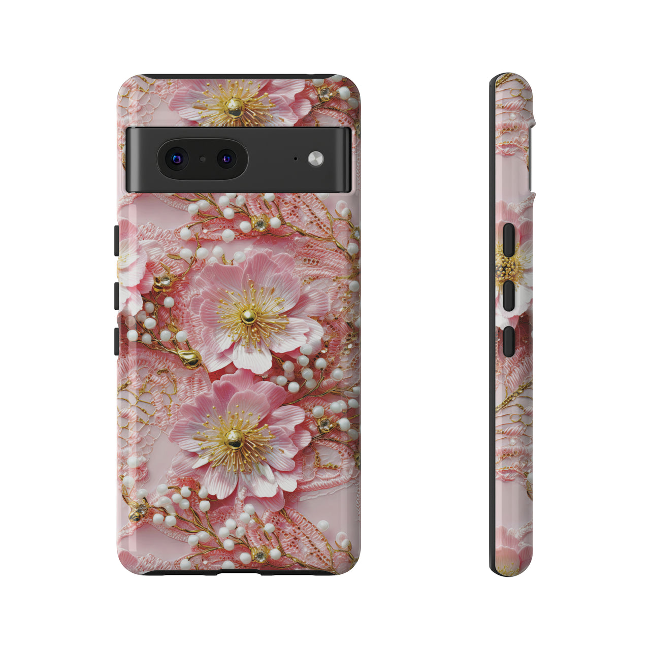 Gold-Kissed Flowers on Pink Lace - Tough Case for Google Pixel 7