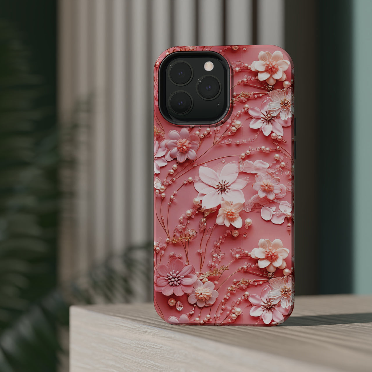 Floral Champagne Toast MagSafe Tough Cases for iPhone 13, iPhone 13 Mini, iPhone 13 Pro, and iPhone 13 Pro Max.