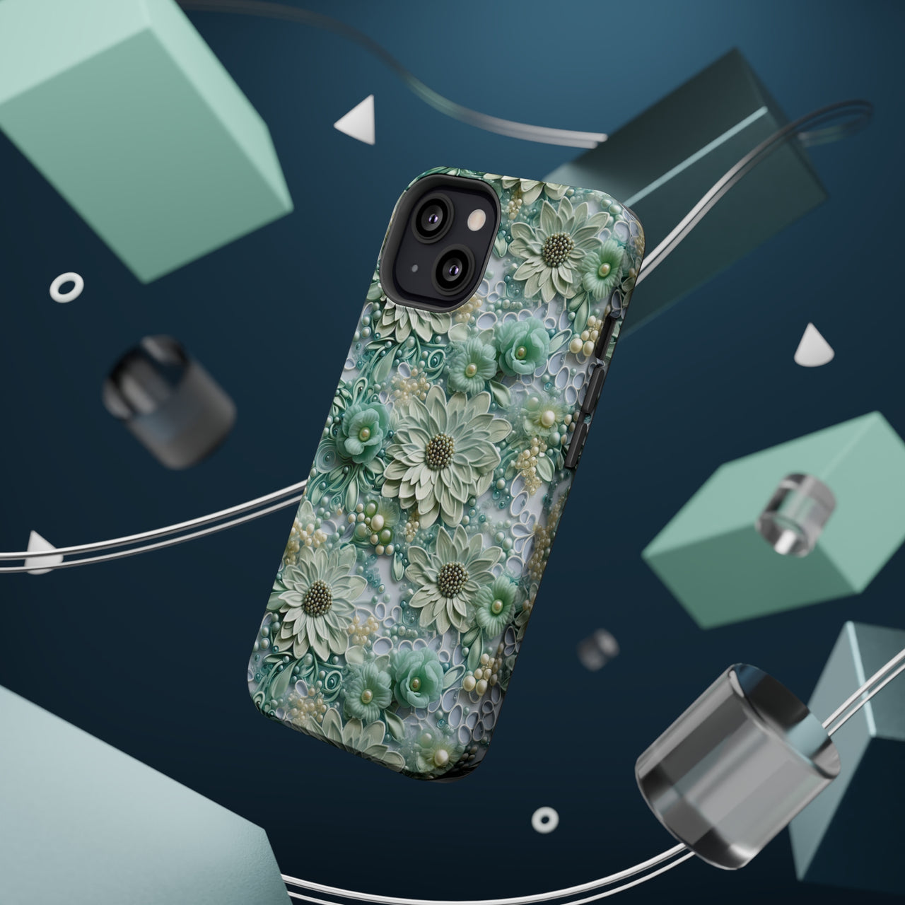 Teal Petals - MagSafe Tough Cases for iPhone 13, iPhone 13 Mini, iPhone 13 Pro, and iPhone 13 Pro Max.