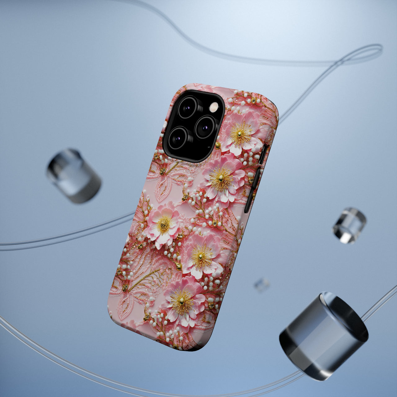 Gold-Kissed Flowers on Pink Lace - MagSafe Tough Case for iPhone 14, iPhone 14 Pro, iPhone 14 Plus, and iPhone 14 Pro Max