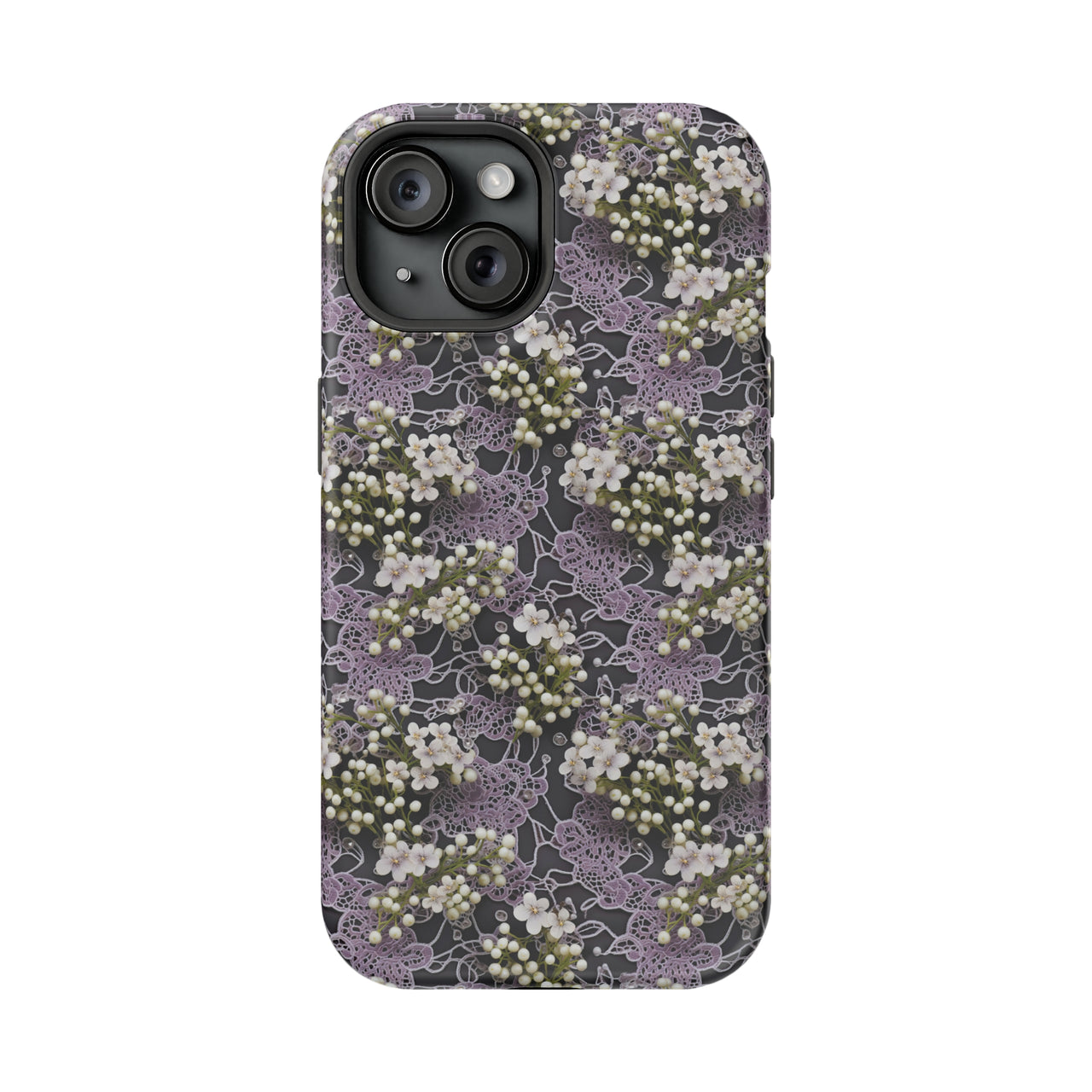 White Flowers on a Purple Bed - MagSafe Tough Case for iPhone 15, iPhone 15 Pro, iPhone 15 Plus, & iPhone 15 Pro Max