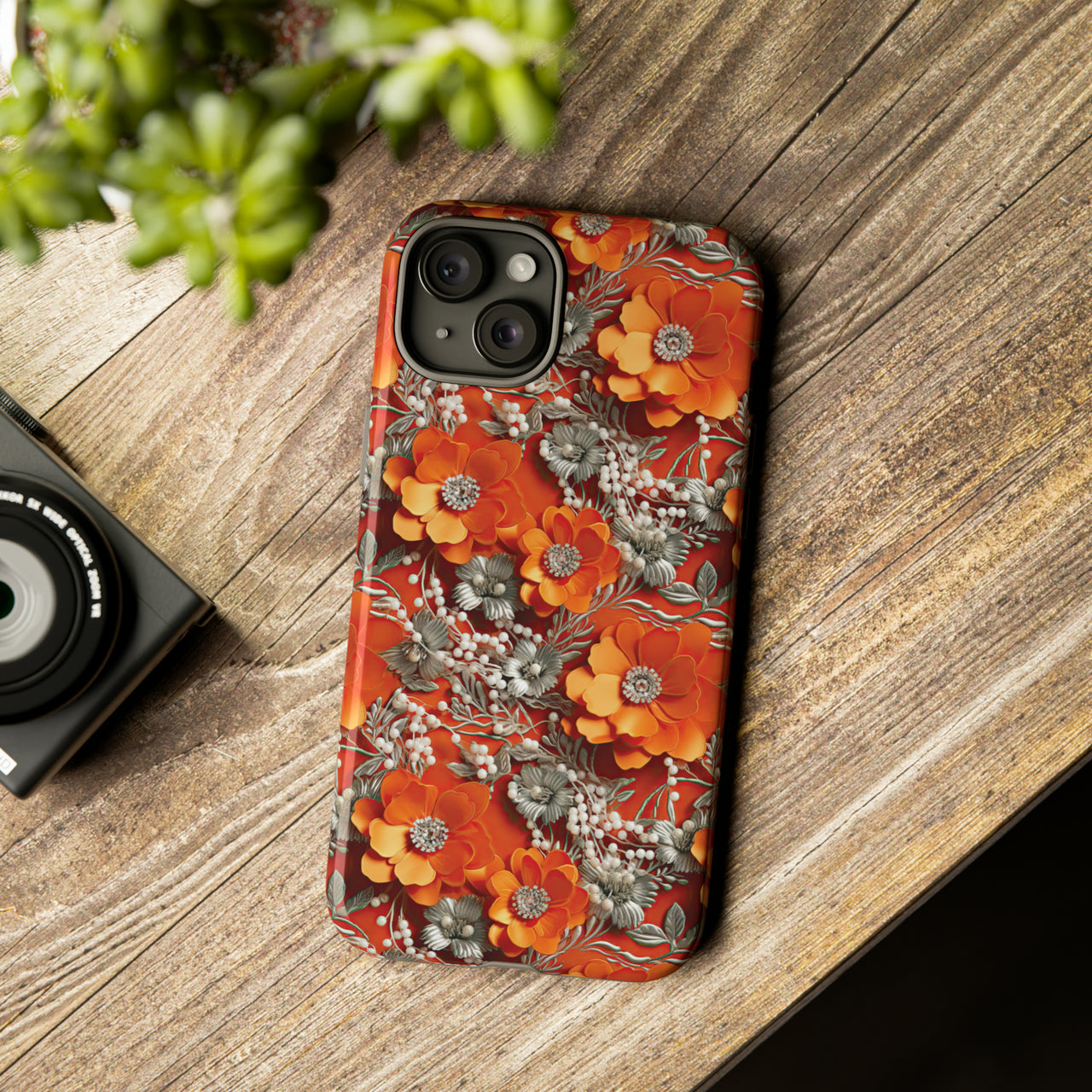 Orange Petals in Silver Tapestry Tough Case for iPhone 15, iPhone 15 Pro, iPhone 15 Plus, and iPhone 15 Pro Max