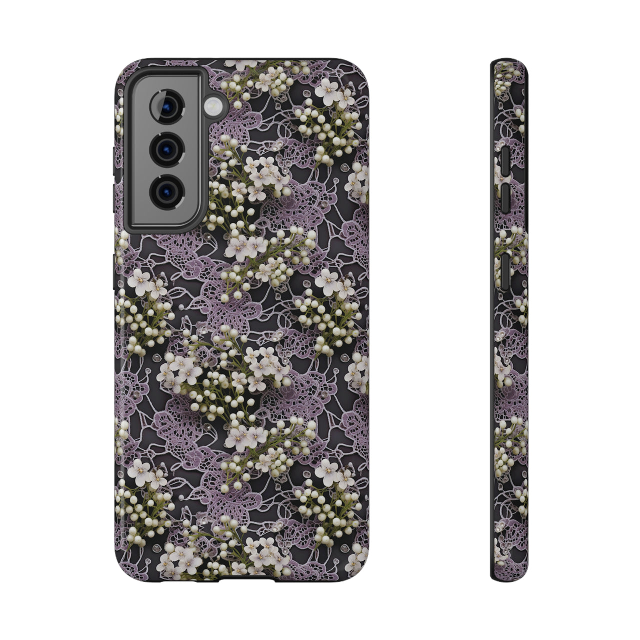 White Flowers on a Purple Bed - Impact-Resistant Case for Samsung Galaxy S21, Samsung Galaxy S21 Plus, and Samsung Galaxy S21 Ultra. Supports Wireless Charging.