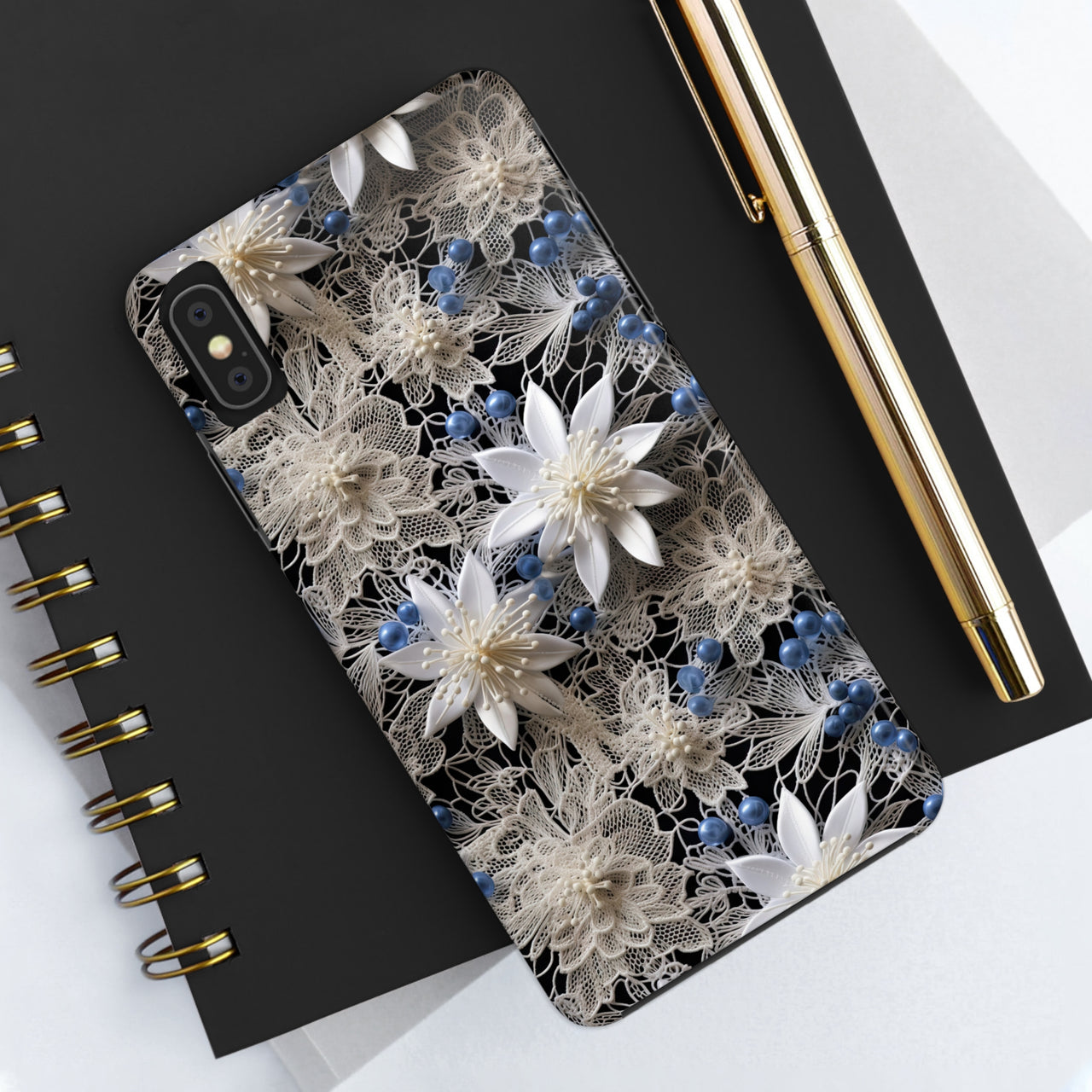 Vintage Lace and Clematis Tough Phone Cases for iPhone X, iPhone XR, iPhone XS, and iPhone XS MAX. Supports Wireless Charging.