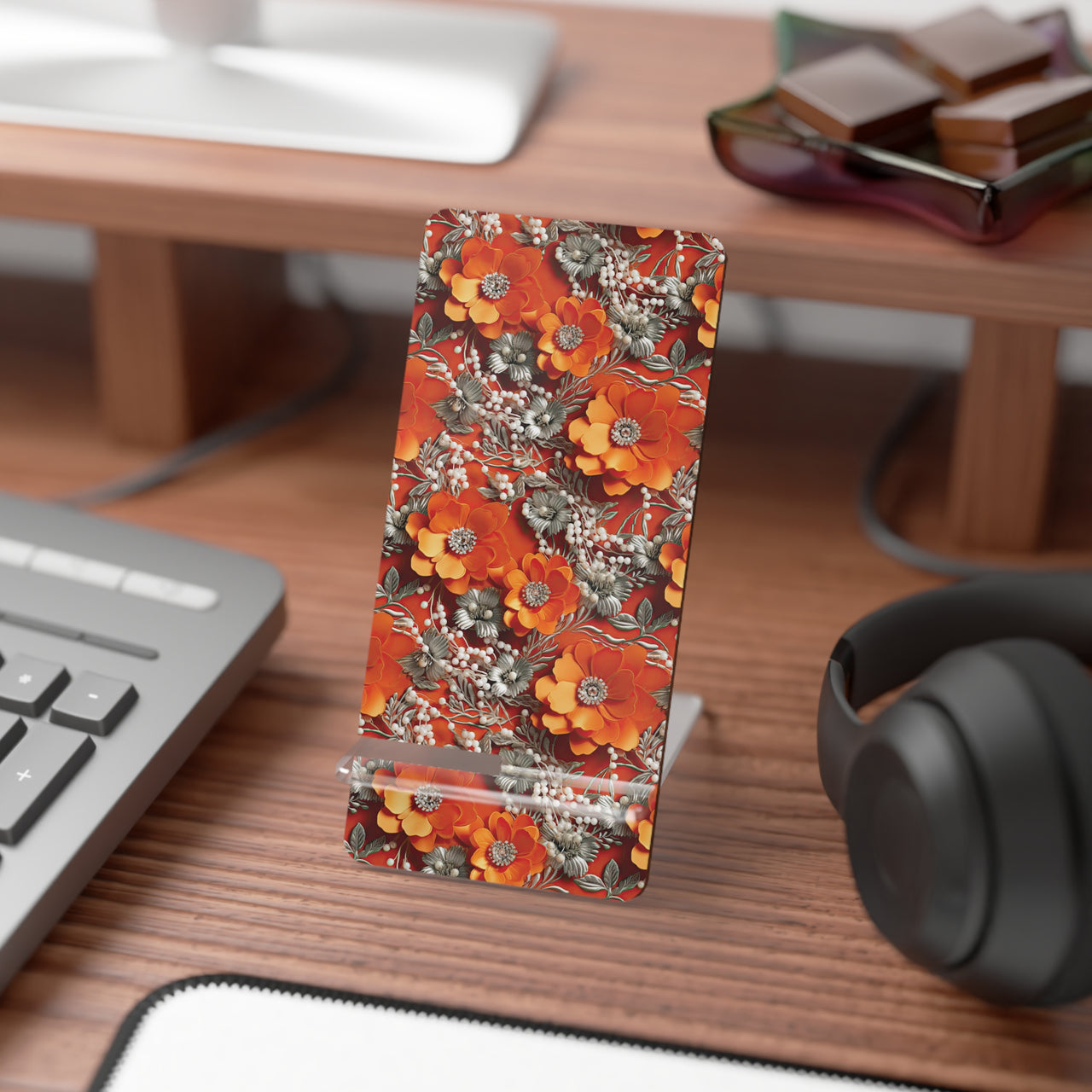 Orange Petals in Silver Tapestry Mobile Display Stand for Smartphones