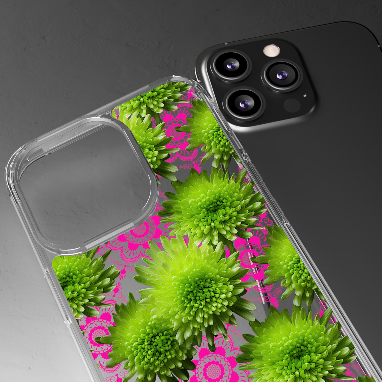 *Clear Case* Green Mums and Lace - iPhone 13, iPhone 13 Mini, iPhone 13 Pro, iPhone 13 Pro Max - Supports Wireless Charging