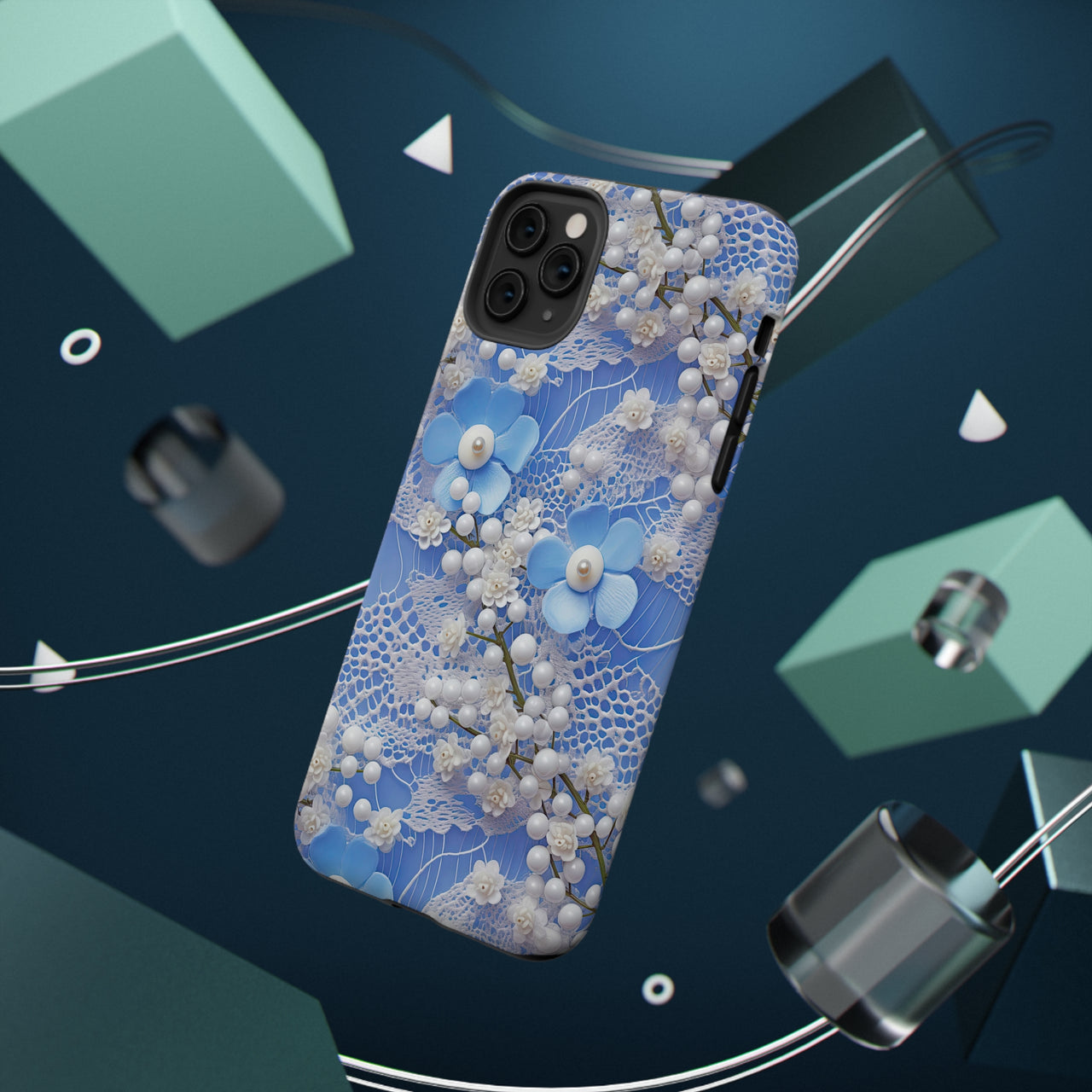 Pearls and Lace on Baby Blue - Impact-Resistant Cases for iPhone 11, iPhone 11 Pro, and iPhone 11 Pro Max. Supports Wireless Charging.