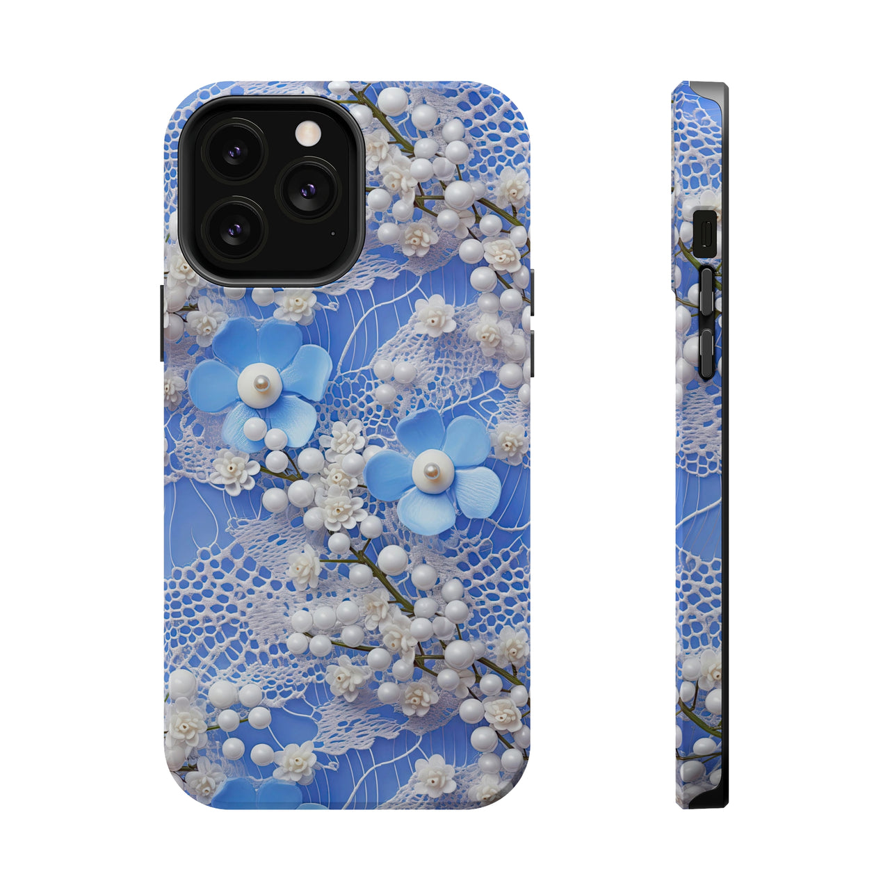 Pearls and Lace on Baby Blue - MagSafe Tough Cases for iPhone 13, iPhone 13 Mini, iPhone 13 Pro, and iPhone 13 Pro Max.