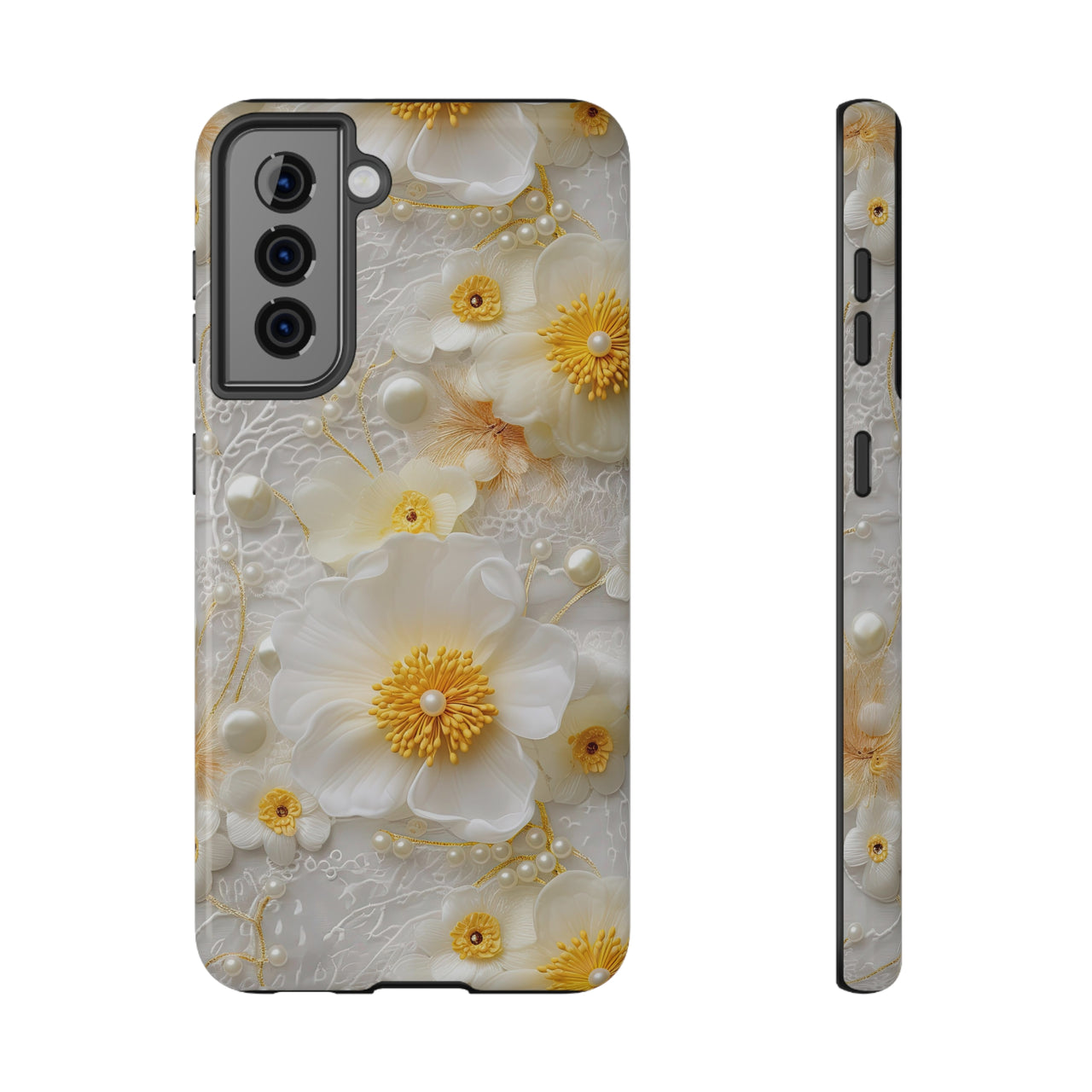 White and Yellow Floral Impact-Resistant Cases for Samsung Galaxy S21, Samsung Galaxy S21 Plus, and Samsung Galaxy S21 Ultra. Supports Wireless Charging.