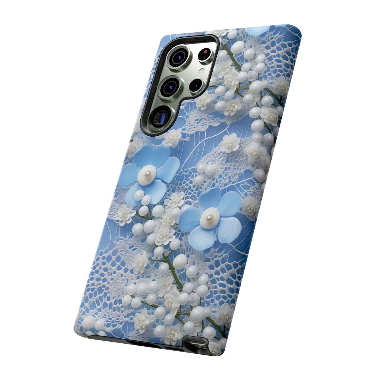 Pearls and Lace on Baby Blue - Tough Case for Samsung Galaxy S23, Samsung Galaxy S23 Plus, and Samsung Galaxy S23 Ultra