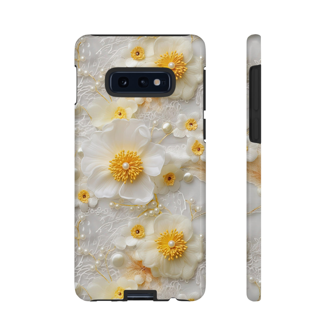 White and Yellow Floral Tough Cases for Samsung Galaxy S10, Samsung Galaxy S10E, and Samsung Galaxy S10 Plus