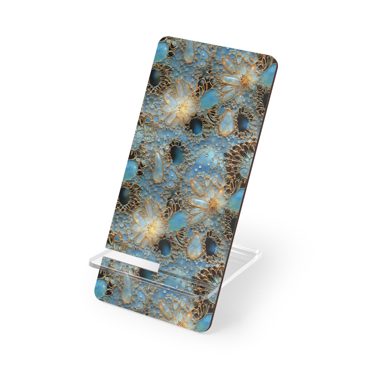 Turquoise Gemstones and Opals on Gold Cord Mobile Display Stand for Smartphones