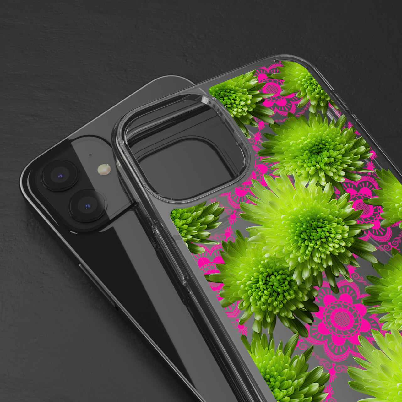 *Clear Case* Green Mums and Lace - iPhone 12, iPhone 12 Mini, iPhone 12 Pro, iPhone 12 Pro Max - Supports Wireless Charging