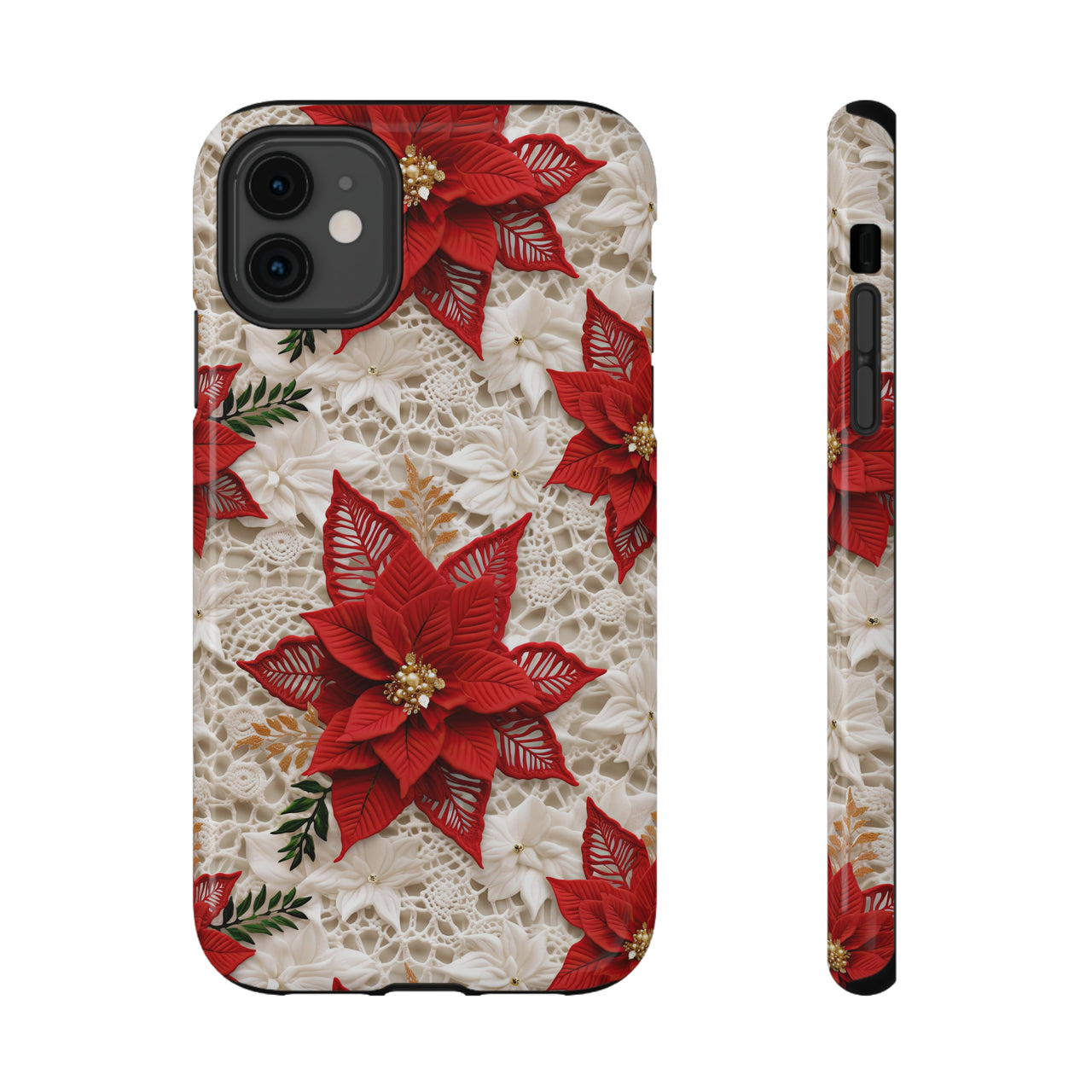 Christmas Poinsettia Impact-Resistant Cases for iPhone 11, iPhone 11 Pro, and iPhone 11 Pro Max. Supports Wireless Charging.