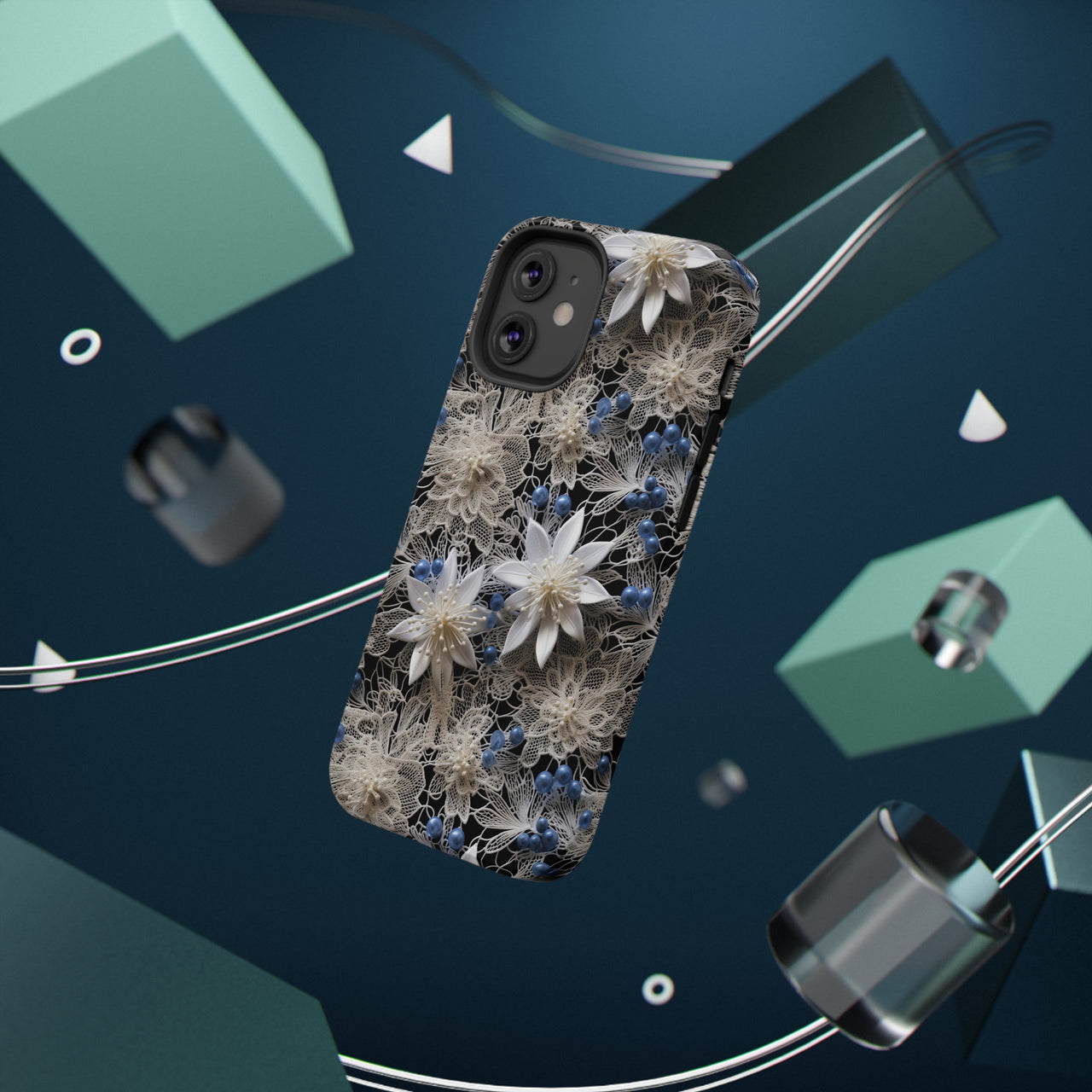 Vintage Lace and Clematis Impact-Resistant Case for iPhone 12, iPhone 12 Mini, iPhone 12 Pro, and iPhone 12 Pro Max. Supports Wireless Charging.