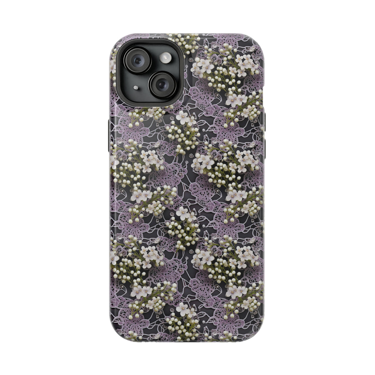 White Flowers on a Purple Bed - MagSafe Tough Case for iPhone 15, iPhone 15 Pro, iPhone 15 Plus, & iPhone 15 Pro Max