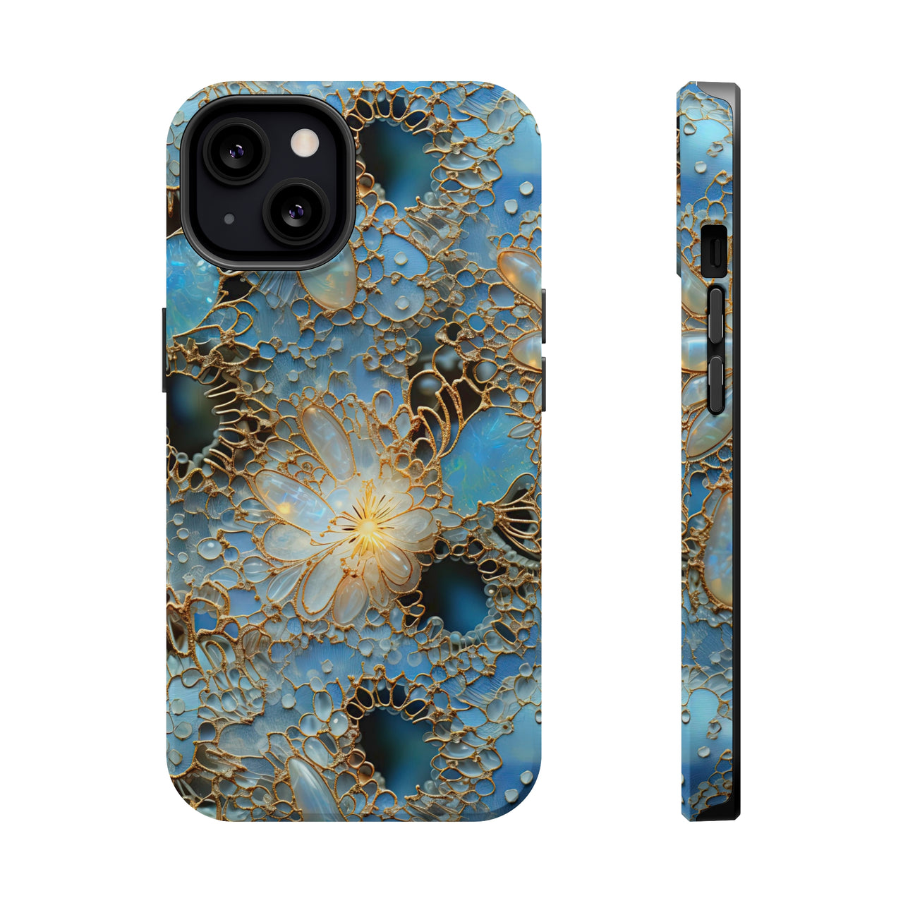 Gemstones and Gold Lace MagSafe Tough Cases for iPhone 13, iPhone 13 Mini, iPhone 13 Pro, and iPhone 13 Pro Max.