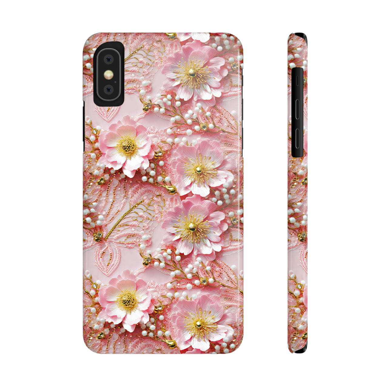 Gold-Kissed Flowers on Pink Lace - Slim Phone Cases for iPhone X, iPhone XR, iPhone XS, and iPhone XS MAX