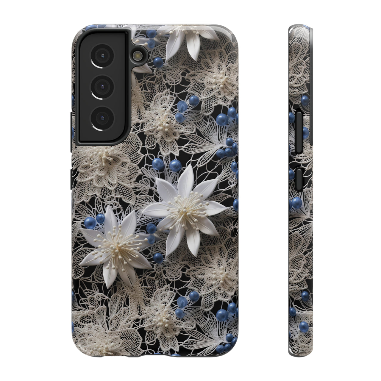 Vintage Lace and Clematis Impact-Resistant Cases for Samsung Galaxy S22, Samsung Galaxy S22 Plus, and Samsung Galaxy S22 Ultra. Supports Wireless Charging.