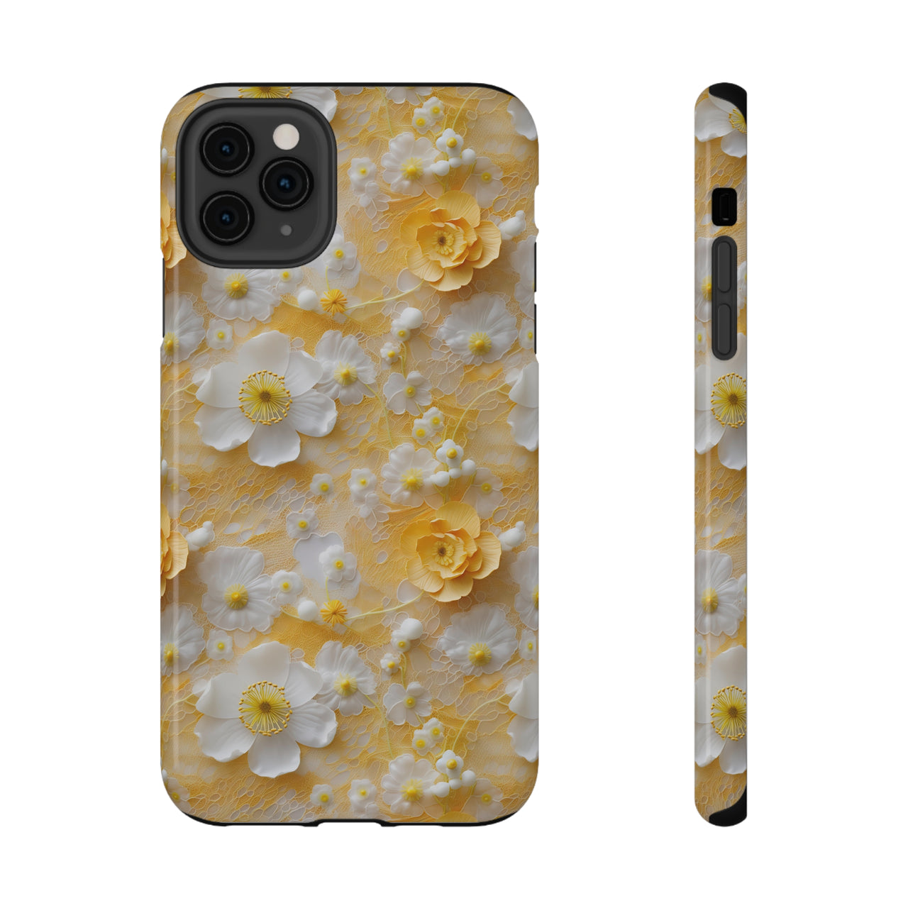 Yellow Floral Impact-Resistant Cases for iPhone 11, iPhone 11 Pro, and iPhone 11 Pro Max. Supports Wireless Charging.