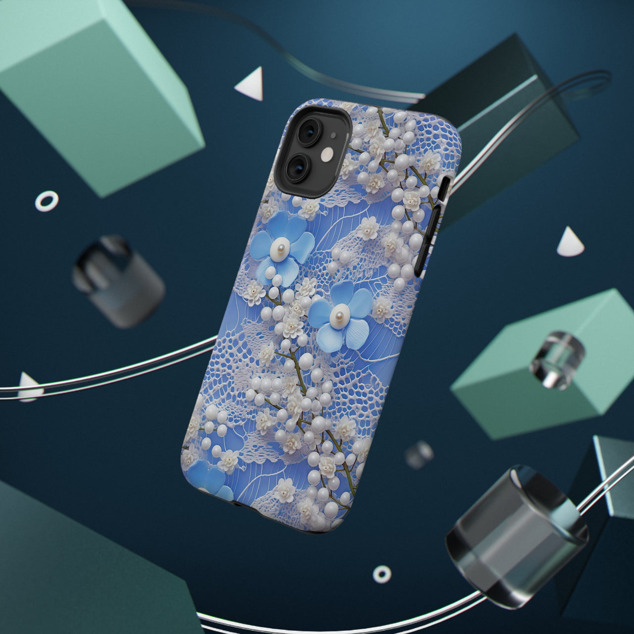 Pearls and Lace on Baby Blue - Impact-Resistant Cases for iPhone 11, iPhone 11 Pro, and iPhone 11 Pro Max. Supports Wireless Charging.