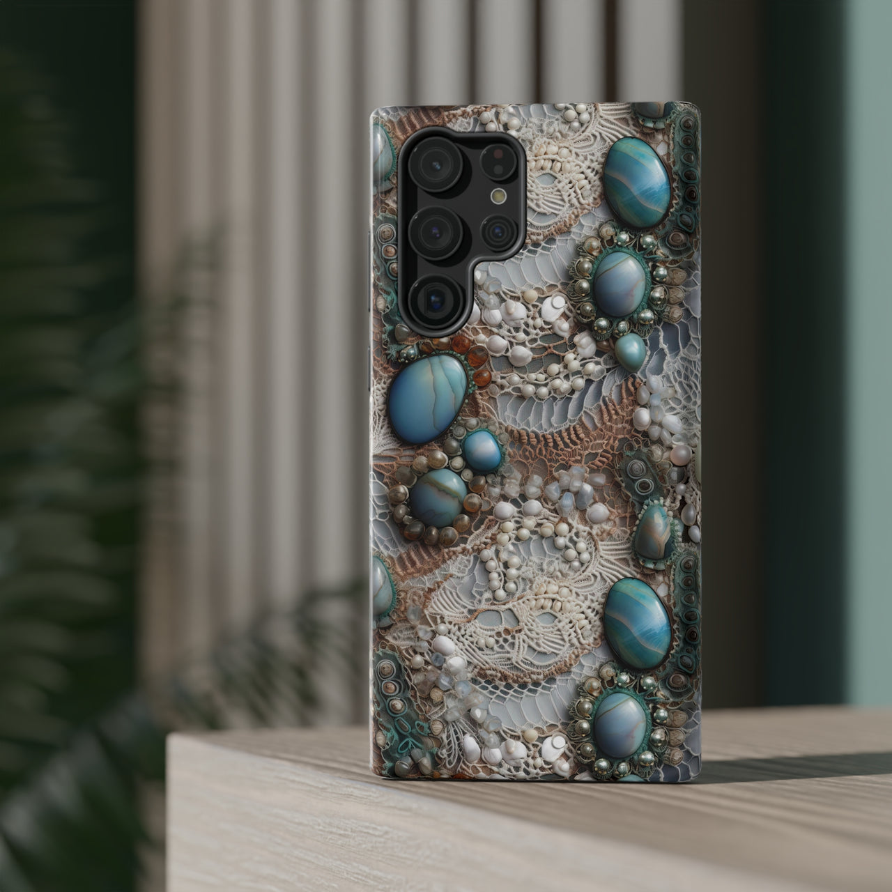 Boho Agate and Lace Impact-Resistant Cases for Samsung Galaxy S22, Samsung Galaxy S22 Plus, and Samsung Galaxy S22 Ultra. Supports Wireless Charging.