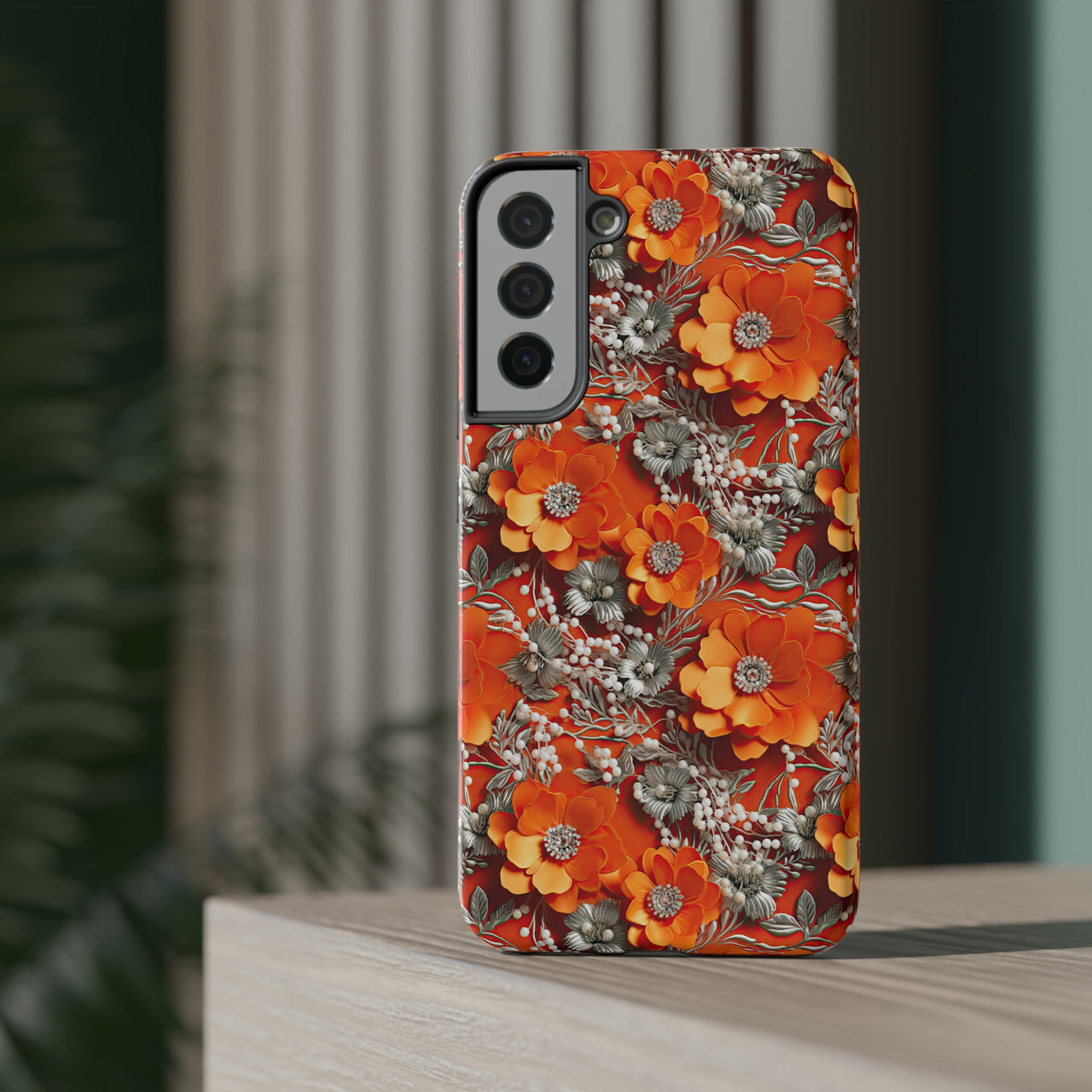 Orange Petals in Silver Tapestry Impact-Resistant Case for Samsung Galaxy S22, Samsung Galaxy S22 Plus, and Samsung Galaxy S22 Ultra. Supports Wireless Charging.