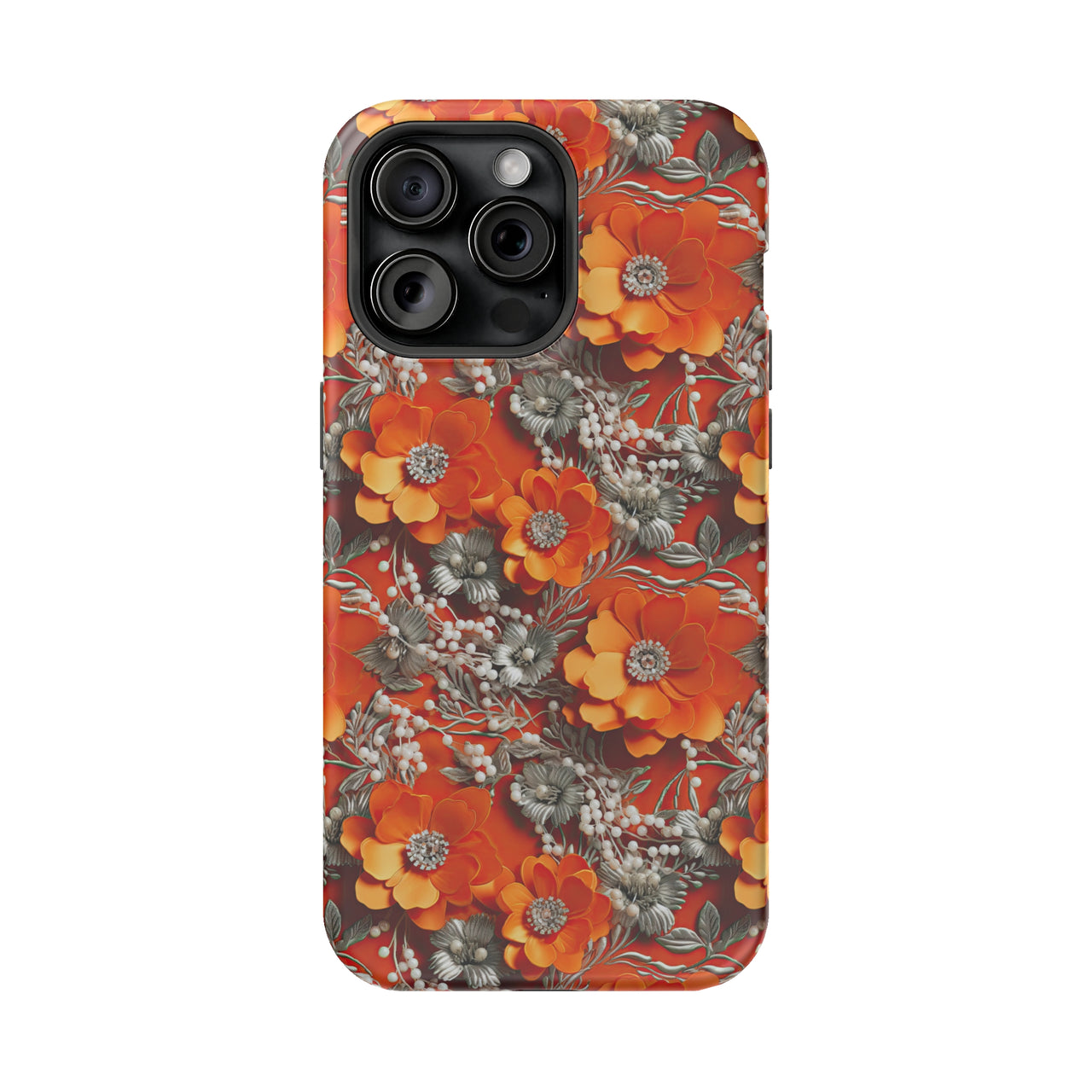 Orange Petals in Silver Tapestry - MagSafe Tough Case for iPhone 15, iPhone 15 Pro, iPhone 15 Plus, & iPhone 15 Pro Max