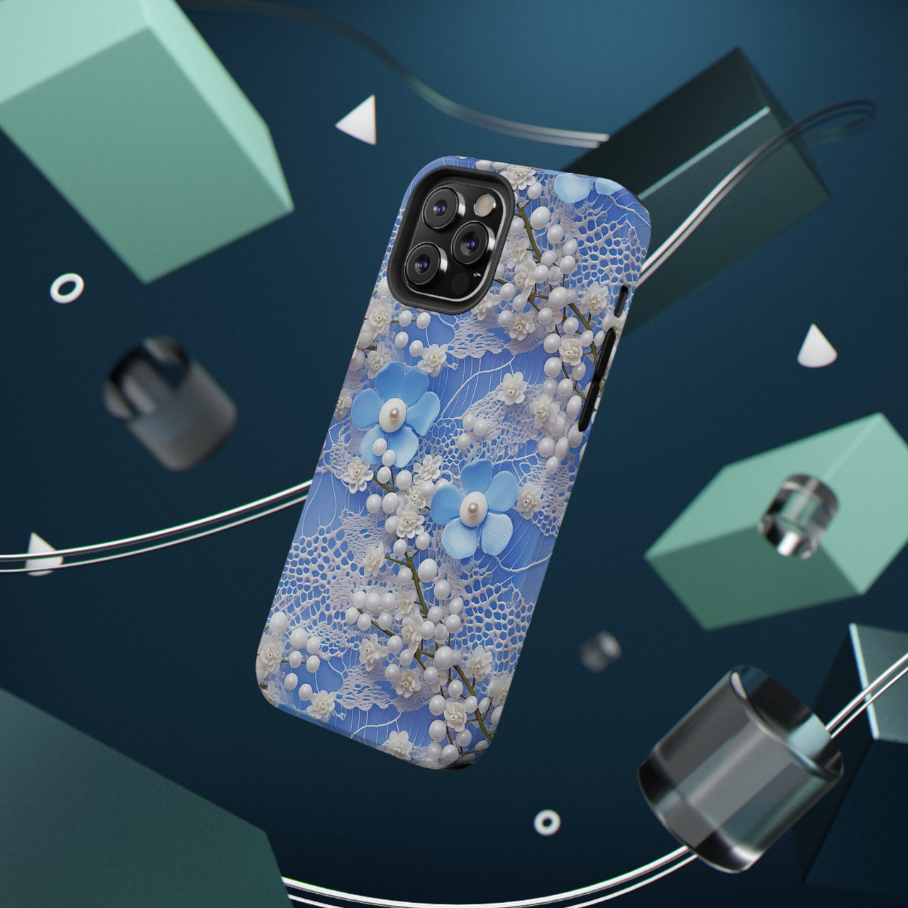 Pearls and Lace on Baby Blue - Impact-Resistant Case for iPhone 12, iPhone 12 Mini, iPhone 12 Pro, and iPhone 12 Pro Max. Supports Wireless Charging.