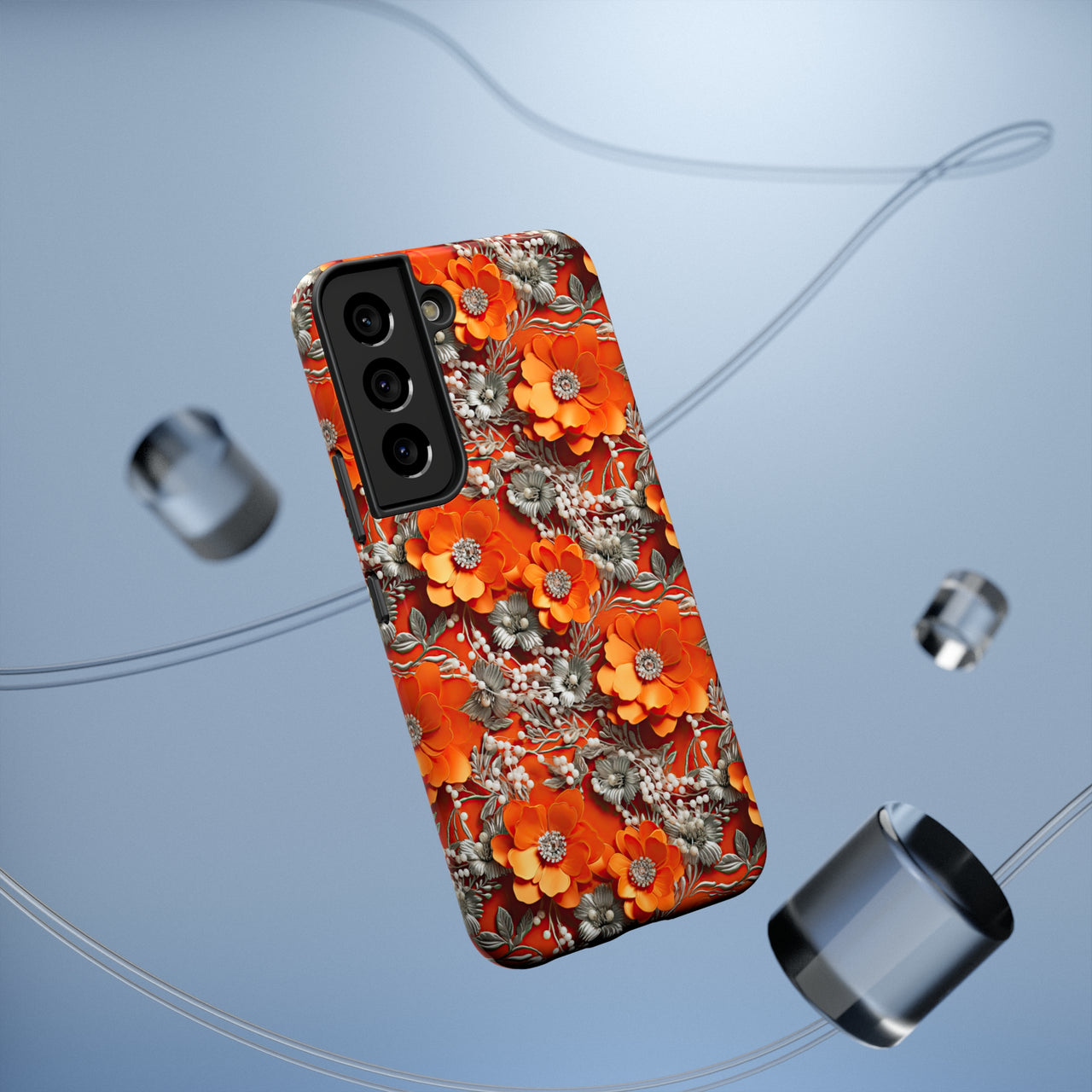 Orange Petals in Silver Tapestry Impact-Resistant Case for Samsung Galaxy S22, Samsung Galaxy S22 Plus, and Samsung Galaxy S22 Ultra. Supports Wireless Charging.