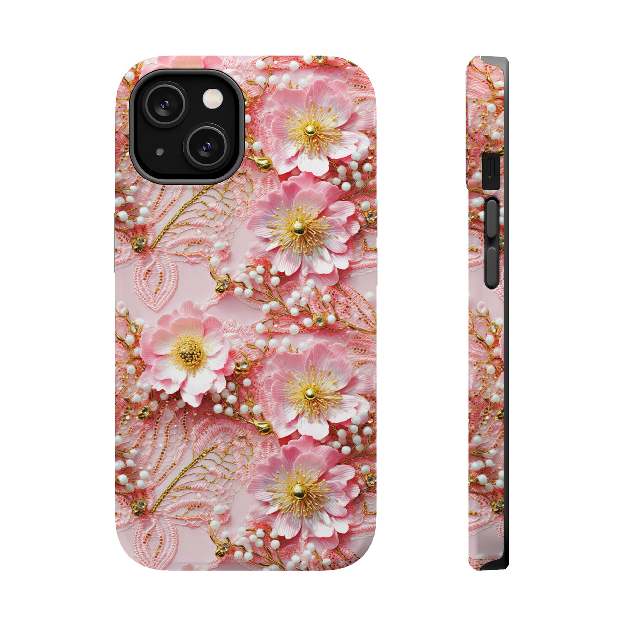 Gold-Kissed Flowers on Pink Lace - MagSafe Tough Case for iPhone 14, iPhone 14 Pro, iPhone 14 Plus, and iPhone 14 Pro Max