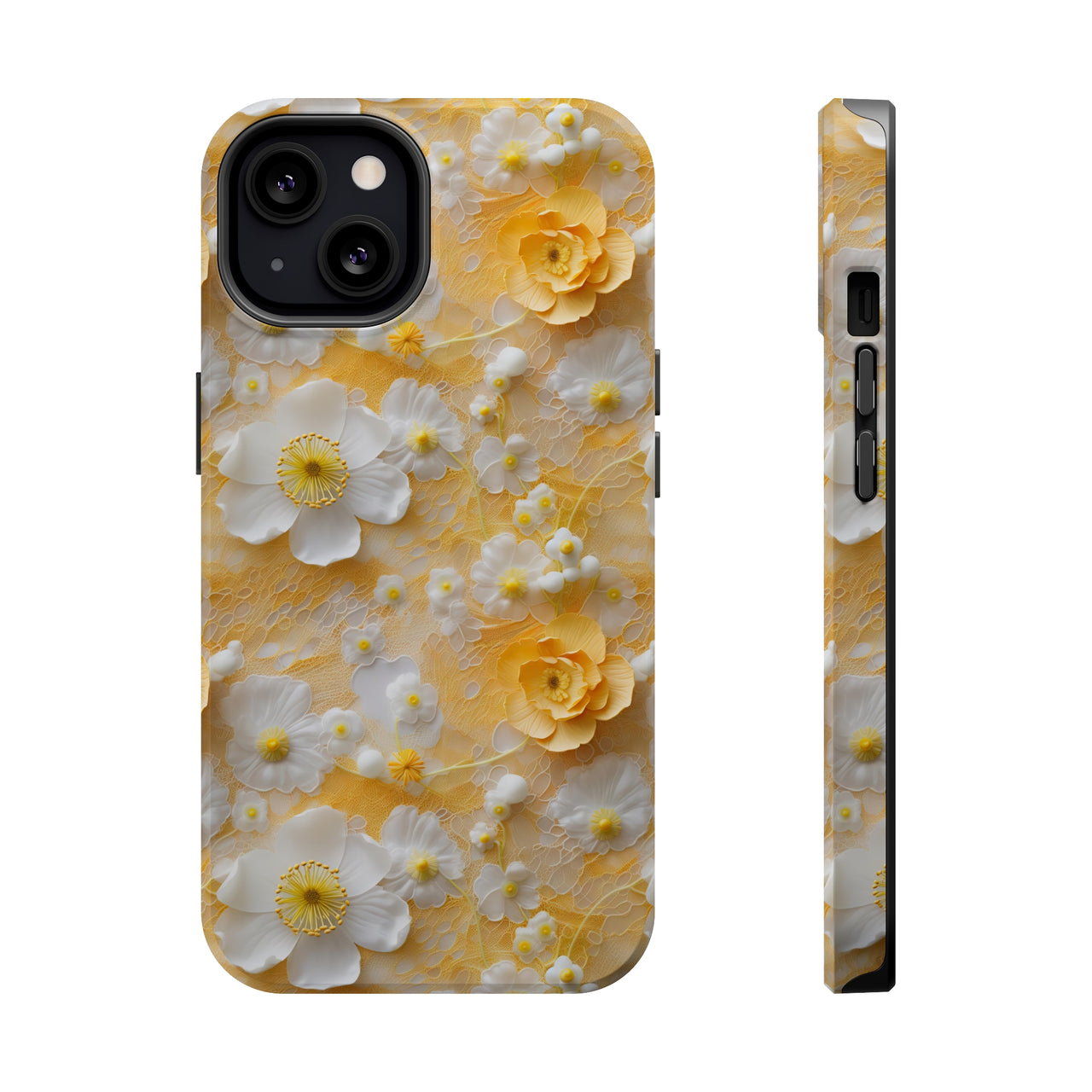 Yellow Floral MagSafe Tough Cases for iPhone 13, iPhone 13 Mini, iPhone 13 Pro, and iPhone 13 Pro Max.