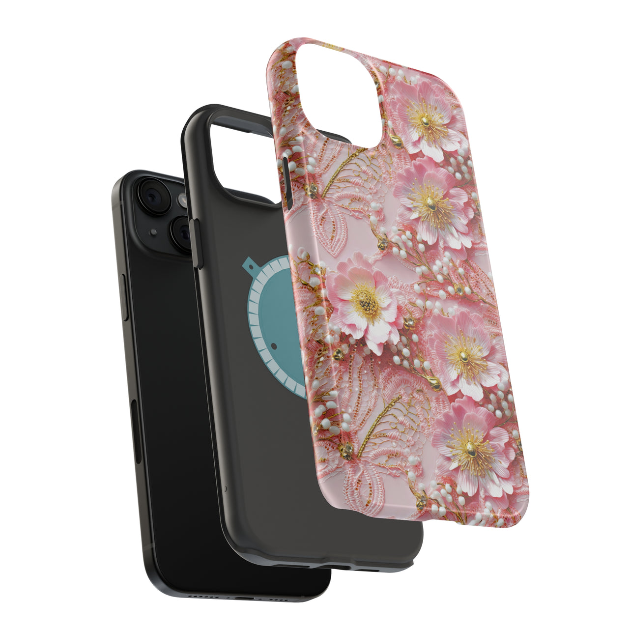 Gold-Kissed Flowers on Pink Lace - MagSafe Tough Case for iPhone 15, iPhone 15 Pro, iPhone 15 Plus, & iPhone 15 Pro Max