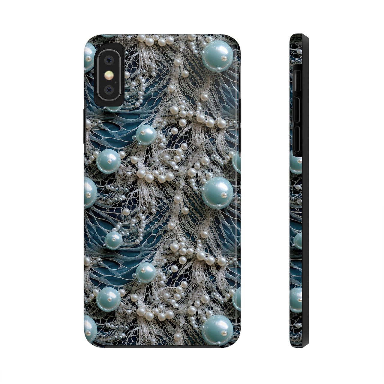 Sea Foam Lace and Pearls Tough Phone Cases for iPhone X, iPhone XR, iPhone XS, and iPhone XS MAX. Supports Wireless Charging.