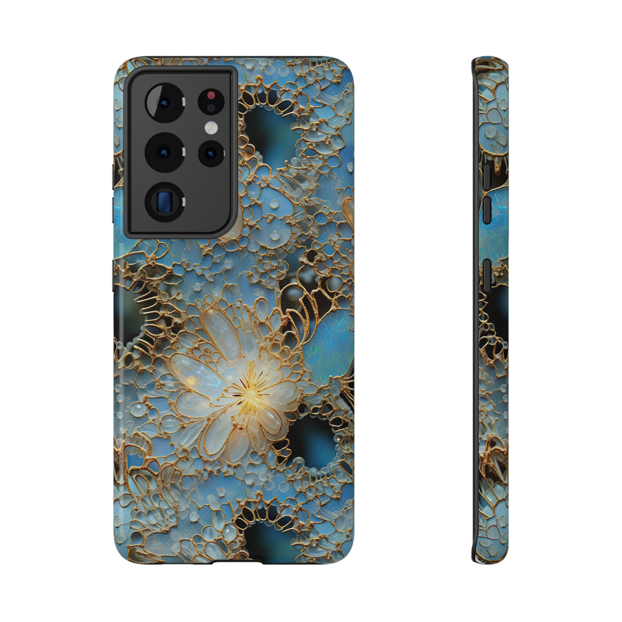 Gemstones and Gold Lace Impact-Resistant Cases for Samsung Galaxy S21, Samsung Galaxy S21 Plus, and Samsung Galaxy S21 Ultra. Supports Wireless Charging.