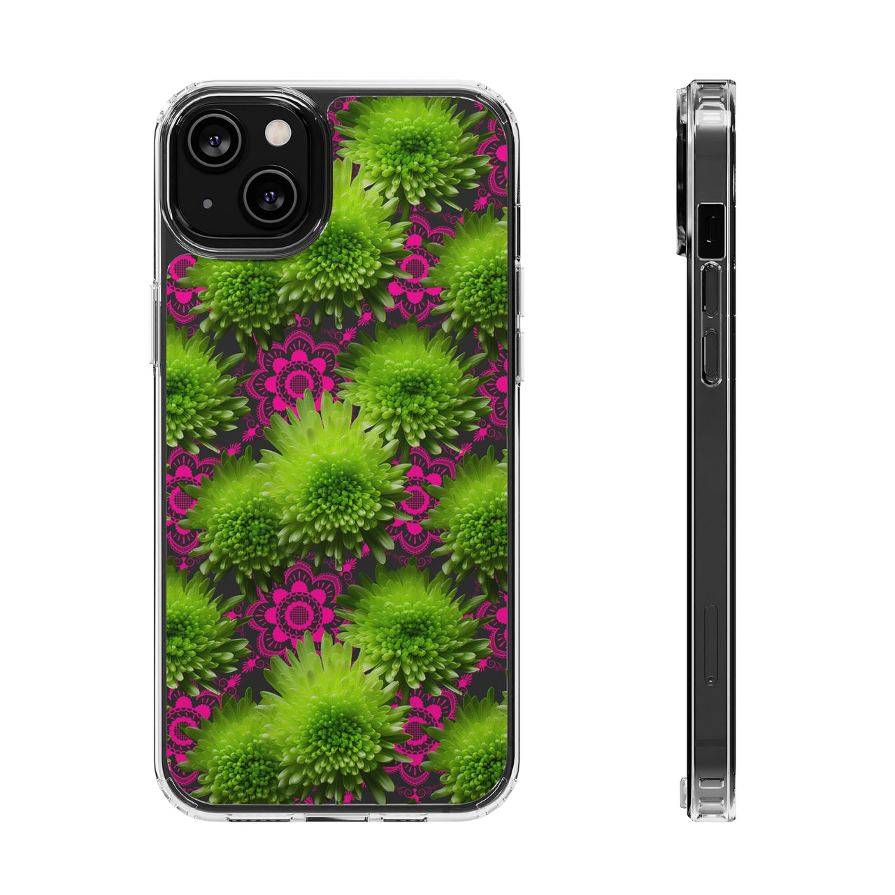 *Clear Case* Green Mums and Lace - iPhone 14, iPhone 14 Pro, iPhone 14 Plus, iPhone 14 Pro Max - Supports Wireless Charging