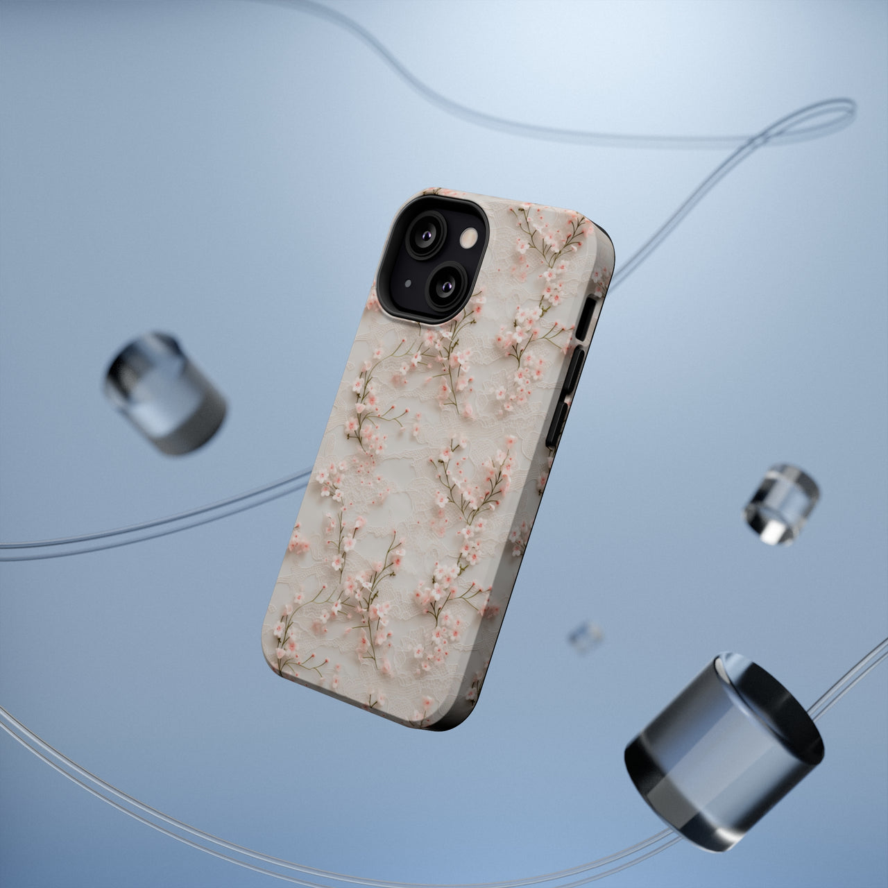 White Lace and Cherry Blossoms MagSafe Tough Cases for iPhone 13, iPhone 13 Mini, iPhone 13 Pro, and iPhone 13 Pro Max.