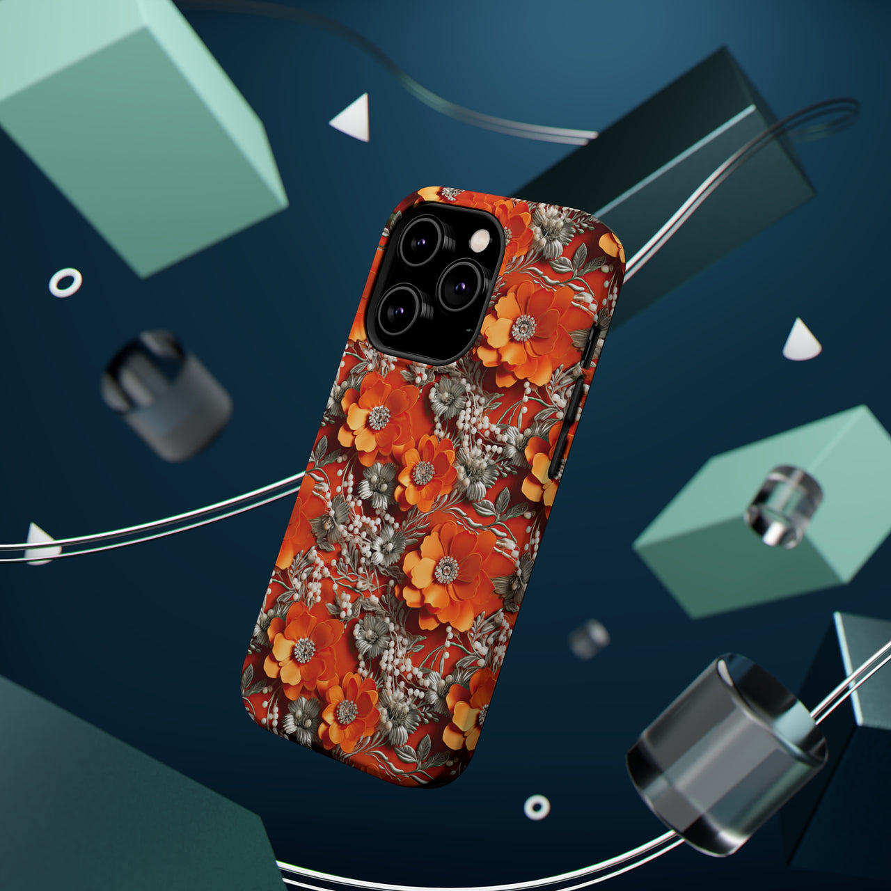 Orange Petals in Silver Tapestry MagSafe Tough Cases for iPhone 14, iPhone 14 Pro, iPhone 14 Plus, and iPhone 14 Pro Max