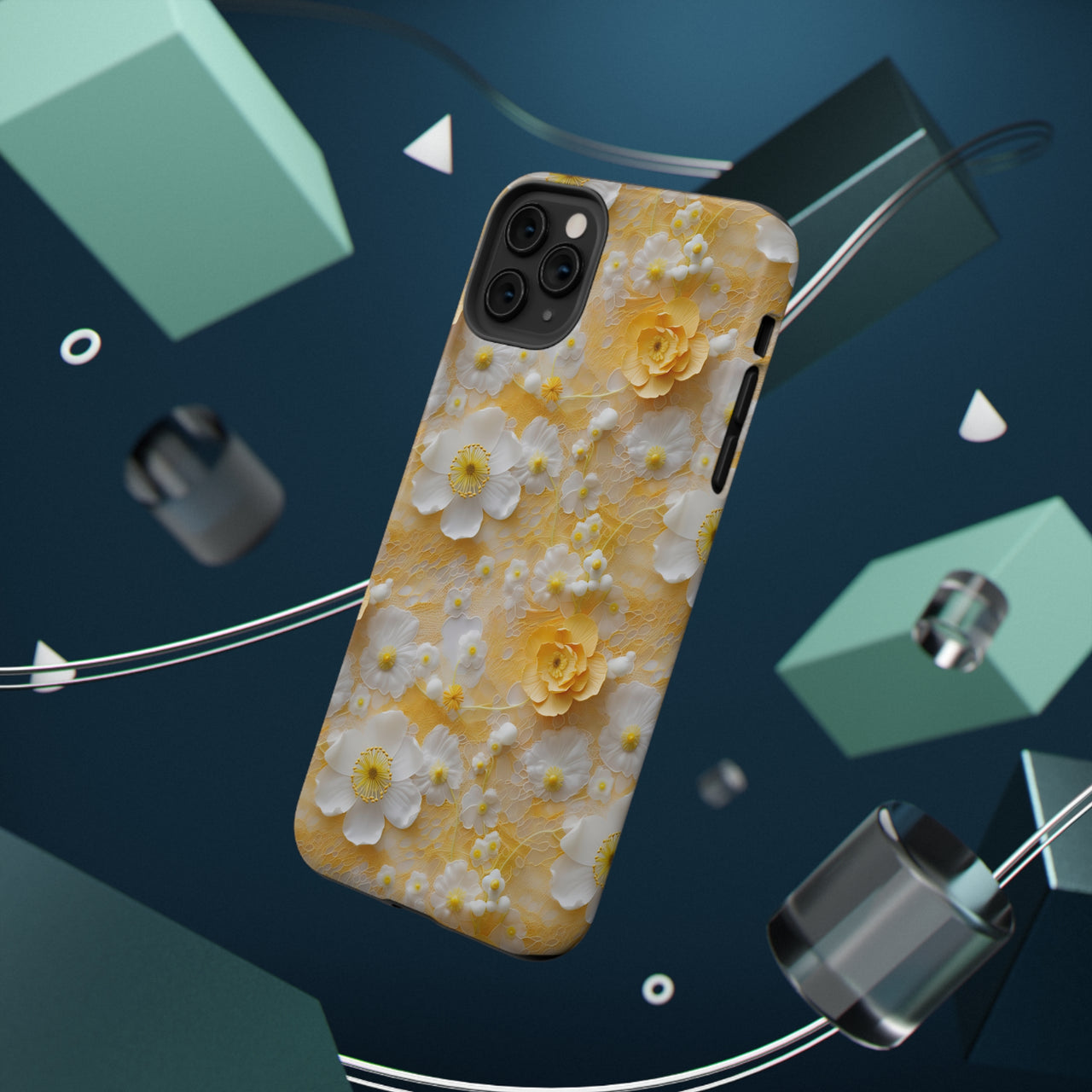 Yellow Floral Impact-Resistant Cases for iPhone 11, iPhone 11 Pro, and iPhone 11 Pro Max. Supports Wireless Charging.