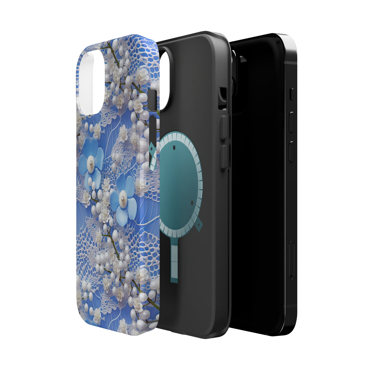 Pearls and Lace on Baby Blue - MagSafe Tough Cases for iPhone 14, iPhone 14 Pro, iPhone 14 Plus, and iPhone 14 Pro Max