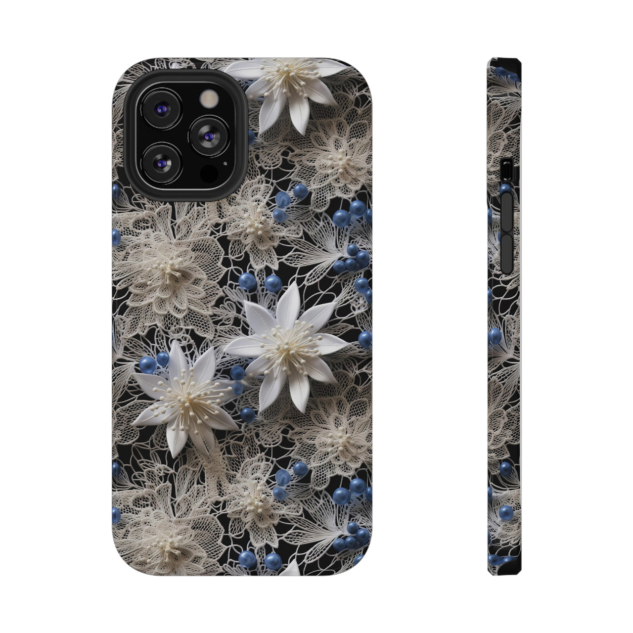 Vintage Lace and Clematis Impact-Resistant Case for iPhone 12, iPhone 12 Mini, iPhone 12 Pro, and iPhone 12 Pro Max. Supports Wireless Charging.