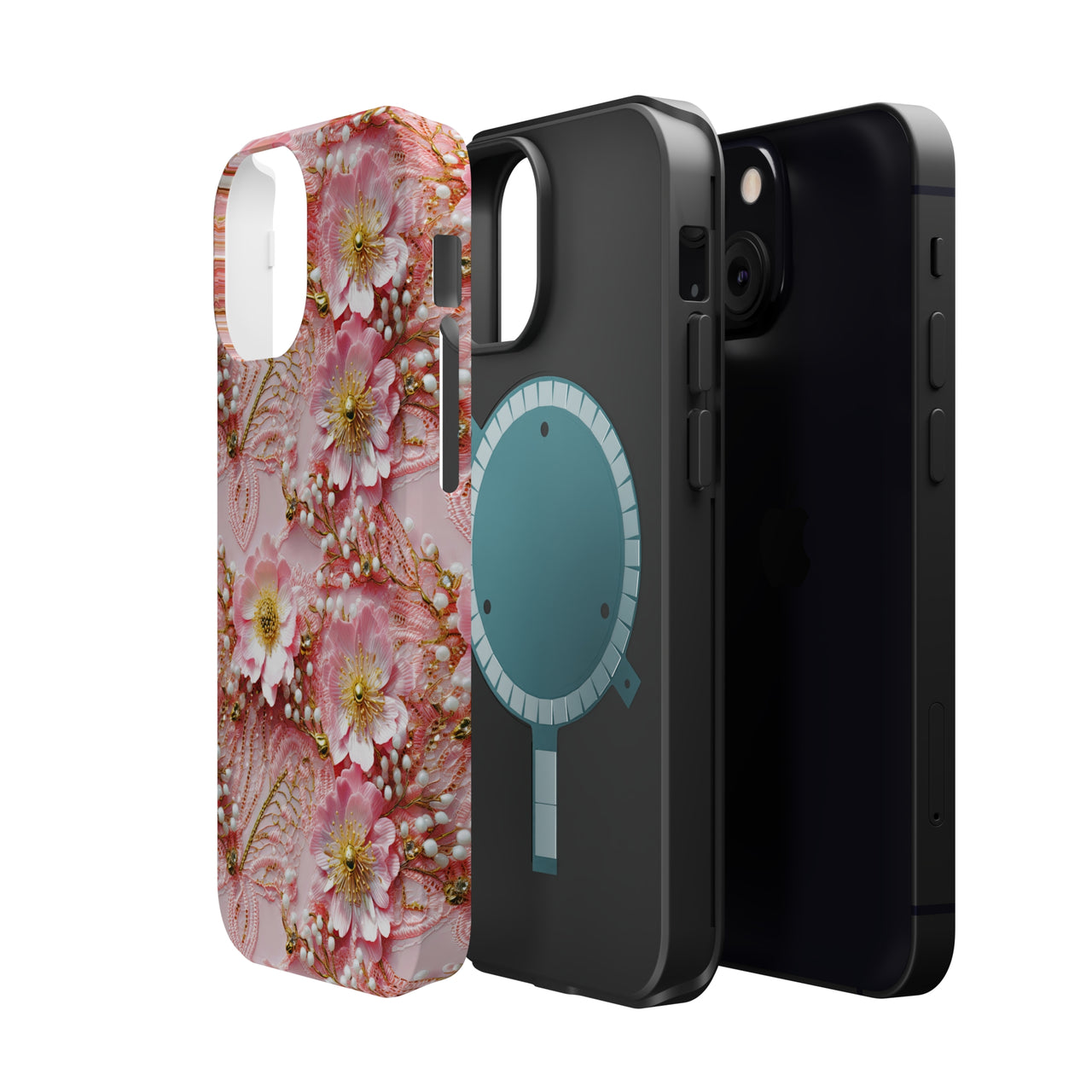 Gold-Kissed Flowers on Pink Lace - MagSafe Tough Cases for iPhone 13, iPhone 13 Mini, iPhone 13 Pro, and iPhone 13 Pro Max.