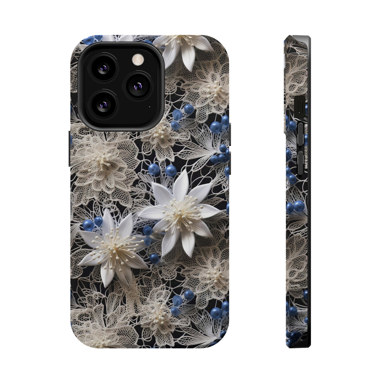 Vintage Lace and Clematis MagSafe Tough Cases for iPhone 13, iPhone 13 Mini, iPhone 13 Pro, and iPhone 13 Pro Max.