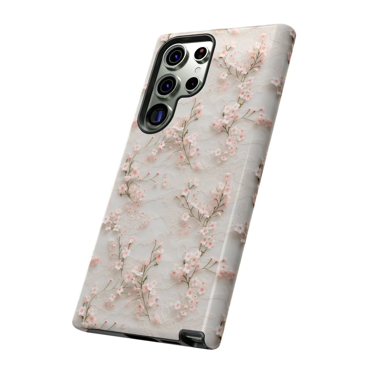 White Lace and Cherry Blossoms Tough Cases for Samsung Galaxy S23, Samsung Galaxy S23 Plus, and Samsung Galaxy S23 Ultra